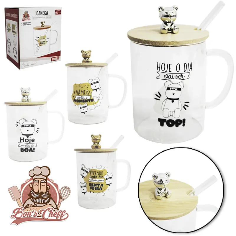 CANECA DE VIDRO BOROSSILICATO FRASES URSO 410ML + CANUDO COM TAMPA DE BAMBU BONS CHEFF