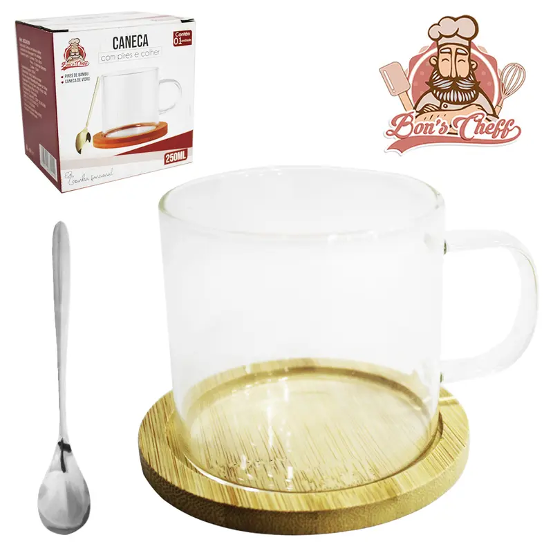 CANECA XICARA DE VIDRO BOROSSILICATO 250ML COM PIRES DE BAMBU + COLHER NA CAIXA BONS CHEFF