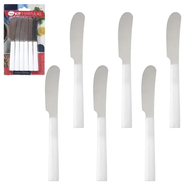 ESPATULA PATE / MANTEIGA DE INOX CABO PLASTICO BRANCO COM 6 PECAS 14CM
