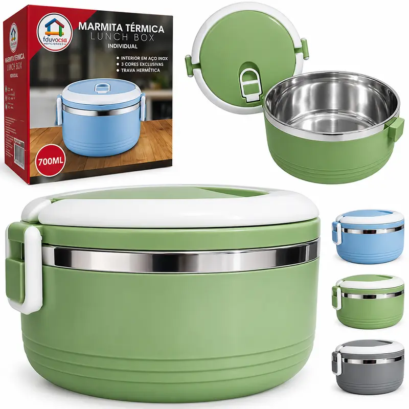 MARMITA TERMICA DE INOX / PLASTICO REDONDO COM TAMPA + TRAVA E ALCA 700ML 8X15CM DE Ø