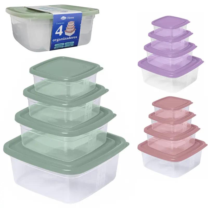 CONJUNTO DE ORGANIZADOR DE PLASTICO QUADRADO PMG / GG HOME COM TAMPA 4 PECAS 1380 / 690 / 380 / 230ML