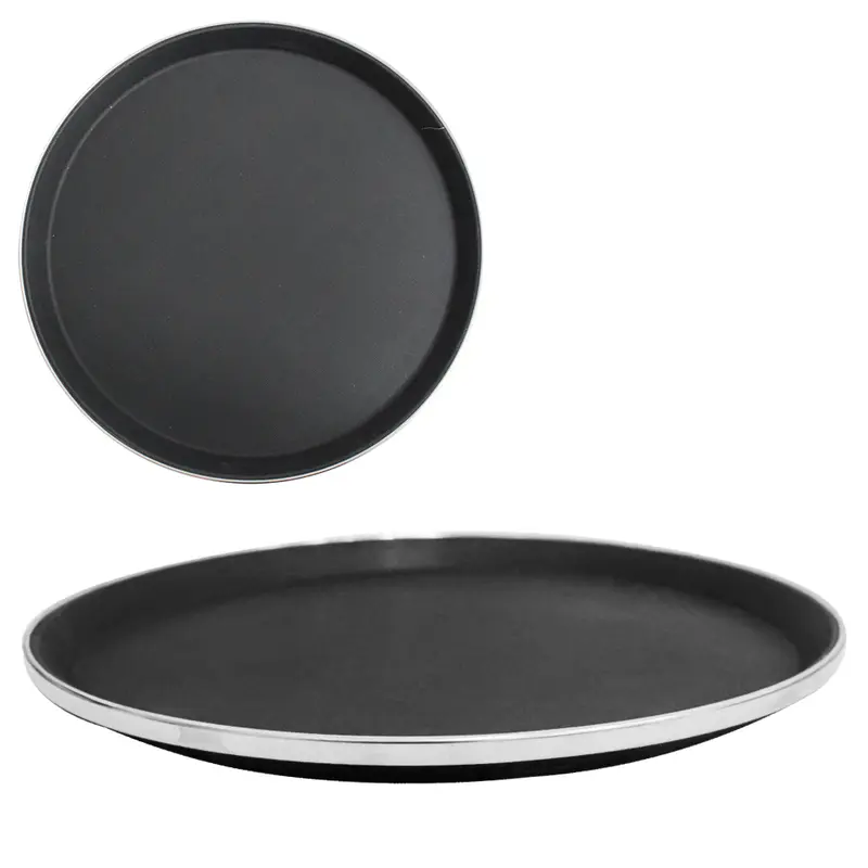 BANDEJA DE PLASTICO REDONDA ANTIDERRAPANTE COM FRISO INOX PARA GARCOM 35CM DE Ø