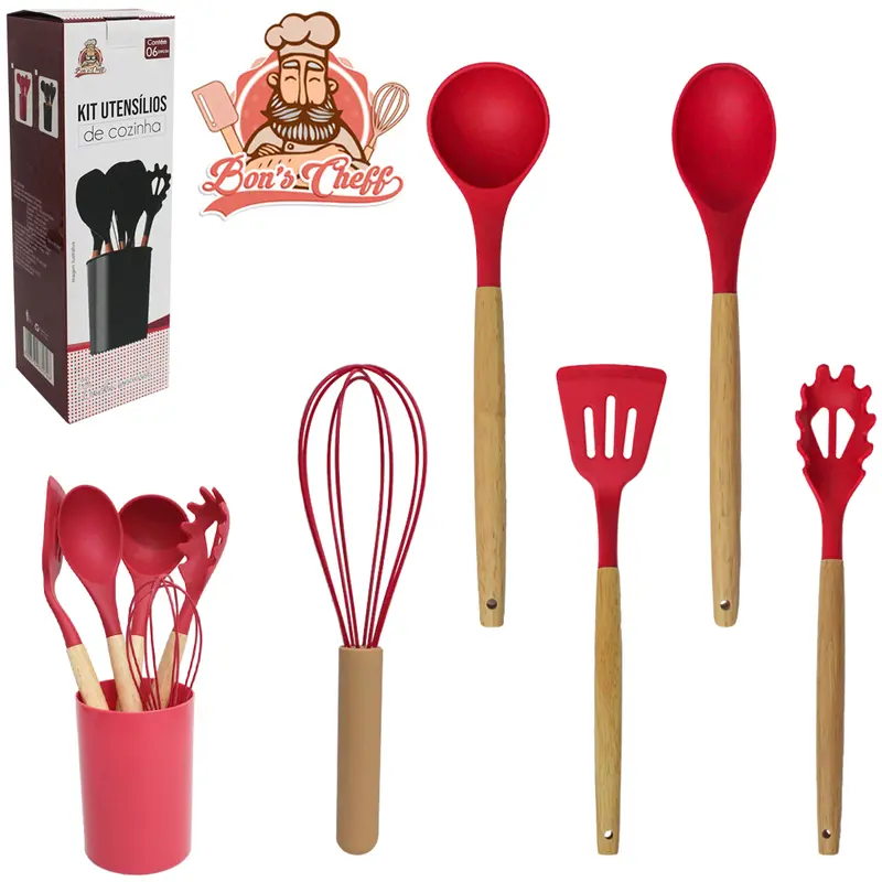 KIT UTENSILIOS ESPATULA / COLHER / PEGADOR / CONCHA / BATEDOR CLARA FOUET SILICONE + ESCORREDOR VERMELHO BONS CHEFF