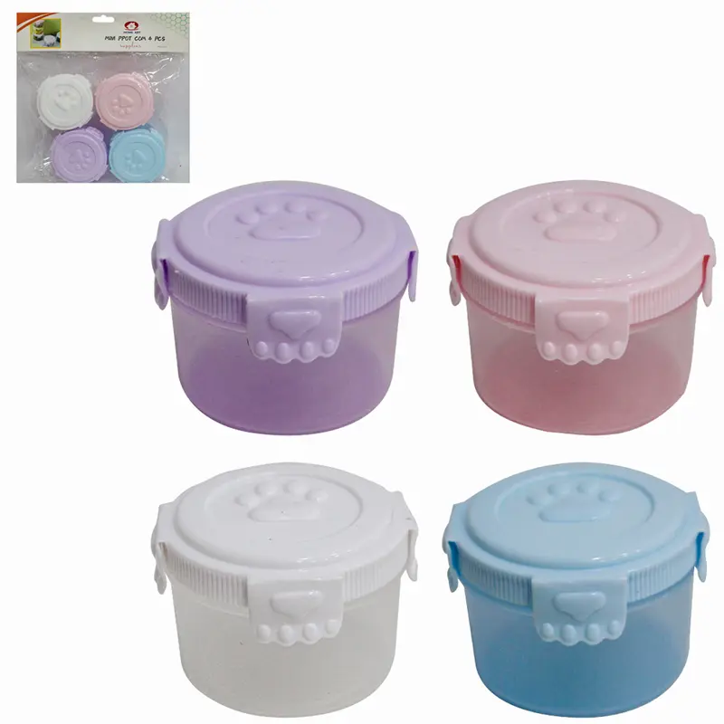 CONJUNTO DE MINI POTE DE PLASTICO REDONDO COM TAMPA PATA 4 PECAS 60ML 4X6CM DE Ø