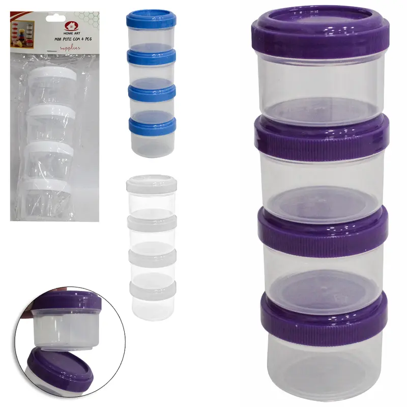 CONJUNTO DE MINI POTE DE PLASTICO REDONDO EMPILHAVEL COM TAMPA 4 PECAS 40ML