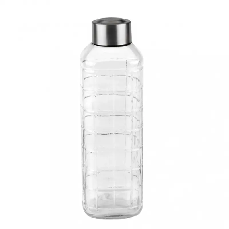 GARRAFA DE AGUA DE VIDRO QUADRUS COM TAMPA DE INOX 1000ML