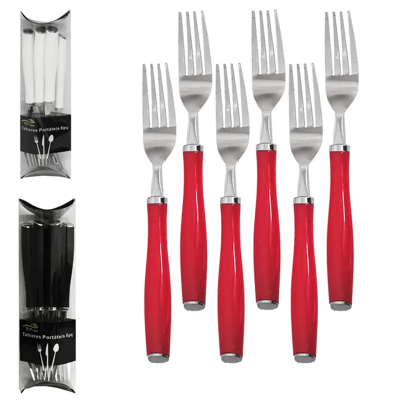 GARFO DE MESA DE INOX CABO PLASTICO BRANCO / PRETO / VERMELHO TOP CASA COM 6 PECAS 20CM NO TUBO