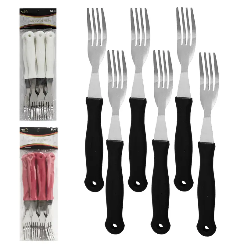 GARFO DE MESA DE INOX CABO PLASTICO BRANCO / PRETO / VERMELHO TOP CASA COM 6 PECAS 19,5CM