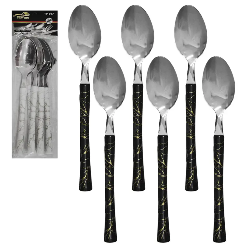 COLHER DE MESA DE INOX CABO PLASTICO MARMORE BRANCO / PRETO TOP CASA COM 6 PECAS 19,5CM