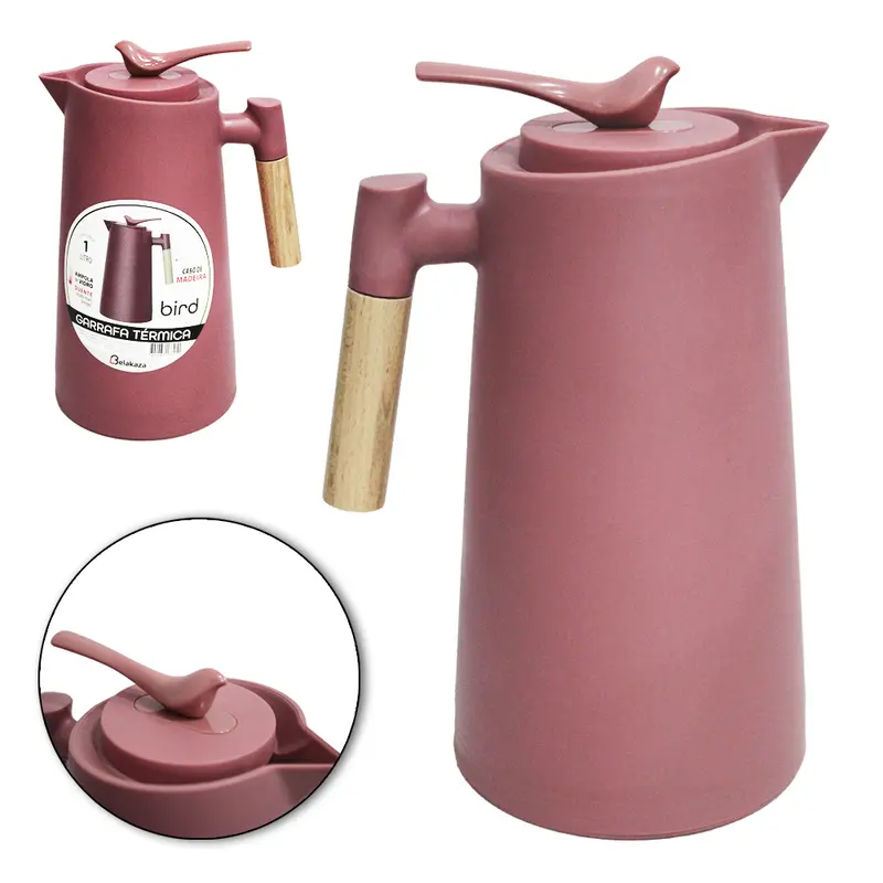 GARRAFA TERMICA COM AMPOLA DE VIDRO + GATILHO PASSARO ROSE E CABO MADEIRA 1L
