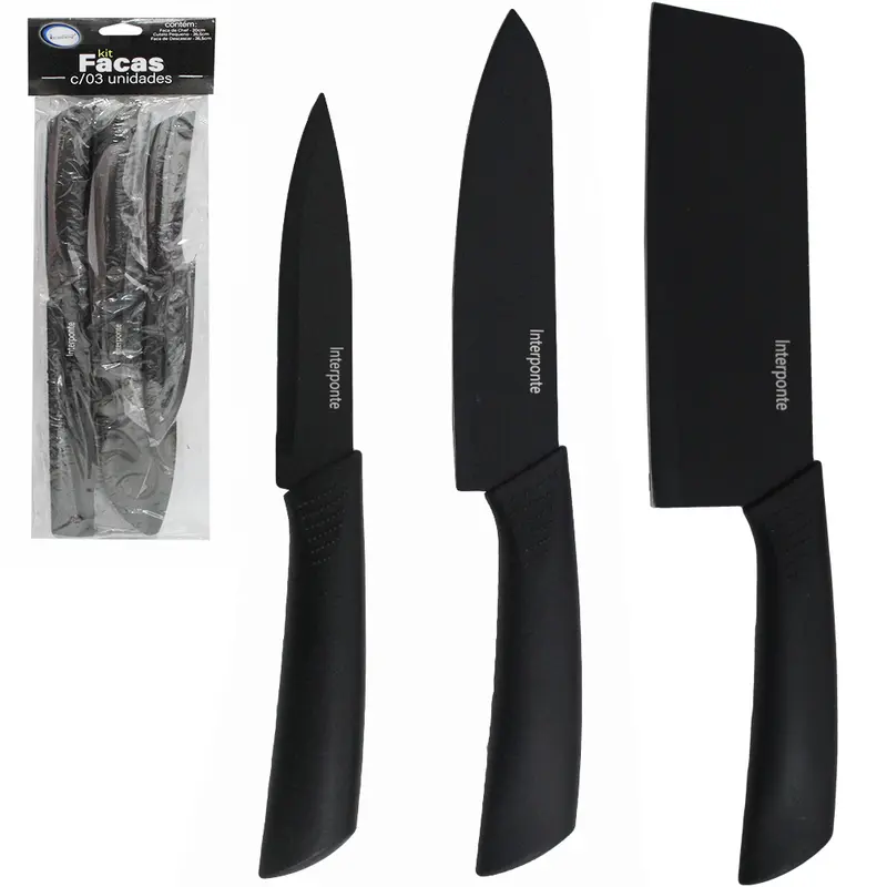 CONJUNTO DE FACA DE COZINHA DE INOX COM PROTETOR CABO PLASTICO 3 PECAS