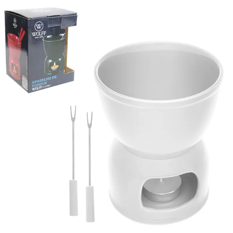 JOGO DE FONDUE DE PORCELANA REDONDO COM 2 GARFOS + PANELA + SUPORTE E VELA BRANCO WOLFF GOURMET 400ML
