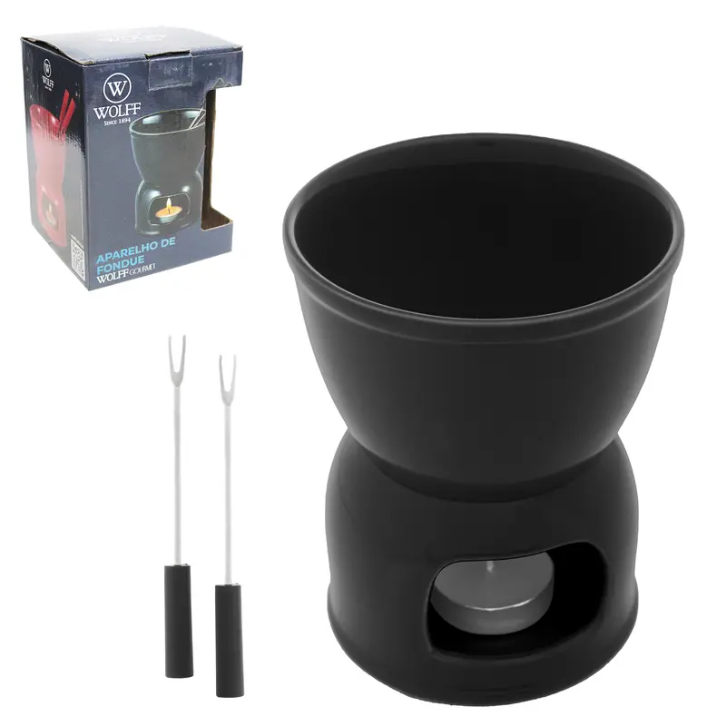 JOGO DE FONDUE DE PORCELANA REDONDO COM 2 GARFOS + PANELA + SUPORTE E VELA PRETO WOLFF GOURMET 400ML