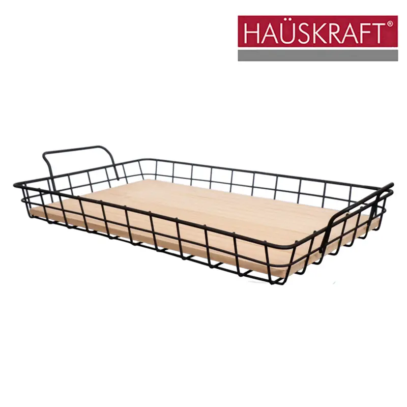 BANDEJA ARAMADO / MADEIRA RETANGULAR DECORATIVA COM ALCA BLACK HAUSKRAFT 43X24X7CM