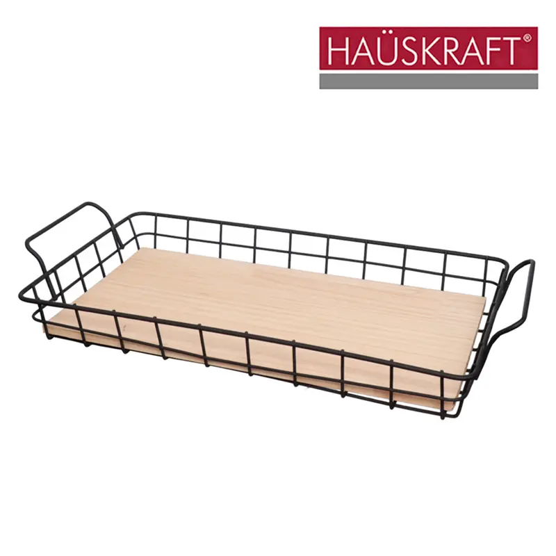 BANDEJA ARAMADO / MADEIRA RETANGULAR DECORATIVA COM ALCA BLACK HAUSKRAFT 41X20X7CM