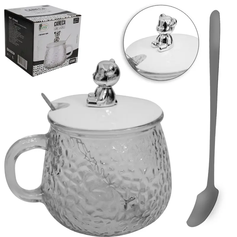 CANECA DE VIDRO COM TAMPA DE PLASTICO URSO + COLHER DE INOX 320ML