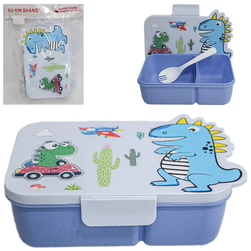 MARMITA DE PLASTICO DINOSSAURO COM 2 DIVISORIAS + COLHER 17,5X11X6CM