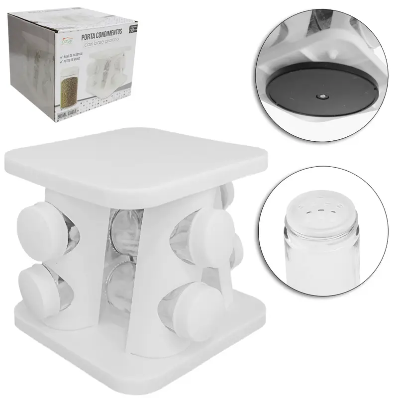 PORTA CONDIMENTO DE VIDRO / PLASTICO COM 8 PECAS 90ML + SUPORTE GIRATORIO QUADRADO