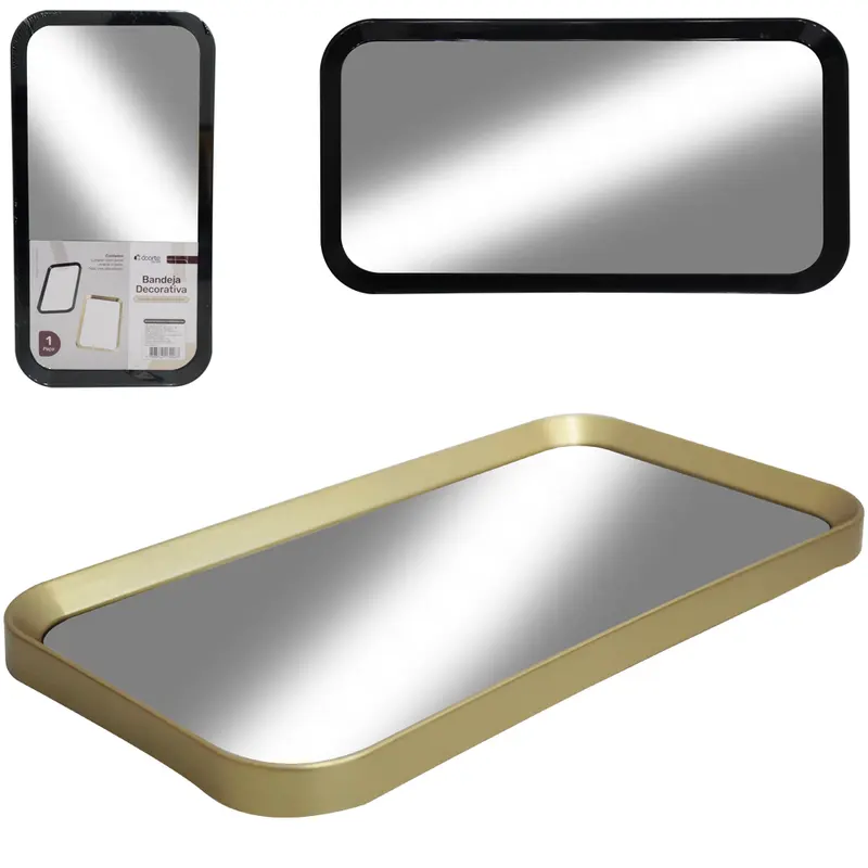 BANDEJA DE PLASTICO COM ESPELHO RETANGULAR DECORATIVA DECOR 28X14,8X1,5CM