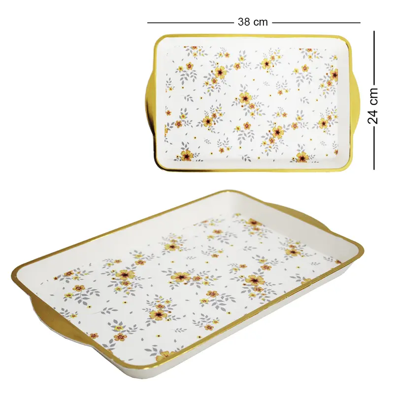 BANDEJA DE PLASTICO RETANGULAR FLORAL COM BORDA DOURADA 38X24,7X2,5CM