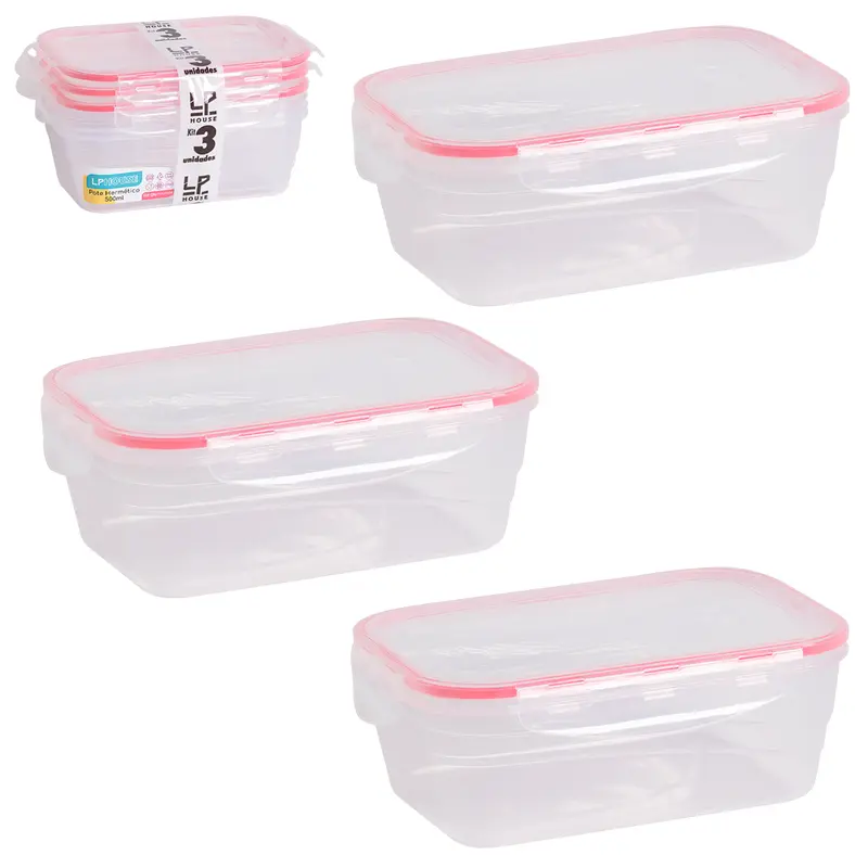 CONJUNTO DE POTE DE PLASTICO RETANGULAR COM TAMPA HERMETICA E TRAVA VERMELHO COM 3 PECAS 500ML 15X10,5X5,5CM