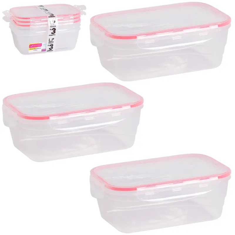 CONJUNTO DE POTE DE PLASTICO RETANGULAR COM TAMPA HERMETICA E TRAVA VERMELHO COM 3 PECAS 1000ML 19,5X13,5X7CM