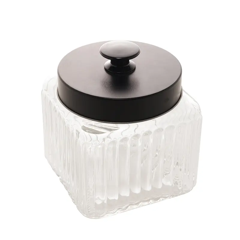 POTE DE VIDRO QUADRADO PARA MANTIMENTOS COM TAMPA DE METAL PRETA VEGAS 800ML