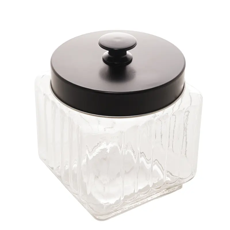 POTE DE VIDRO QUADRADO PARA MANTIMENTOS COM TAMPA DE METAL PRETA VEGAS 1,2L