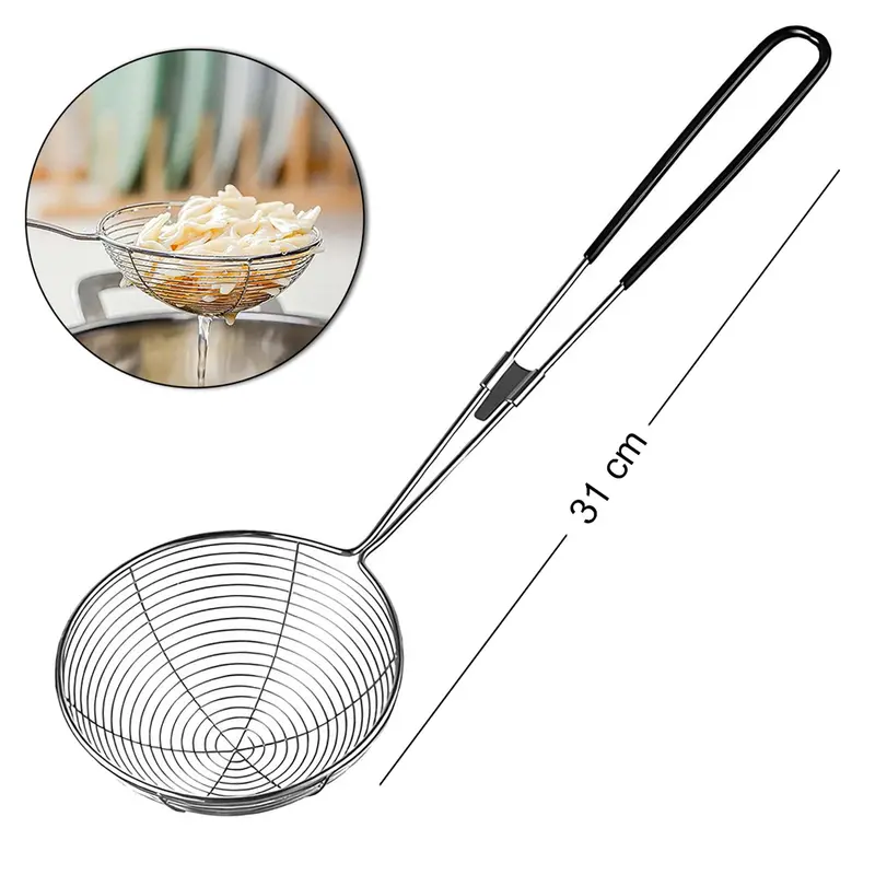 ESCUMADEIRA DE INOX ARAMADA PARA FRITURA CABO EMBORRACHADO 31X10CM DE Ø