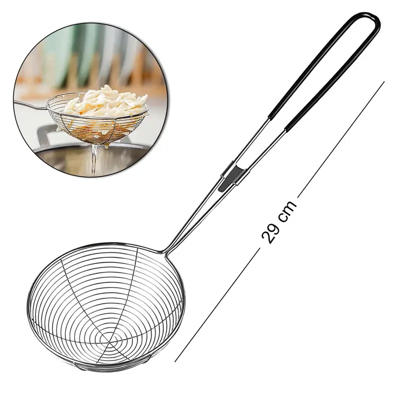 ESCUMADEIRA DE INOX ARAMADA PARA FRITURA CABO EMBORRACHADO 29X7,5CM DE Ø