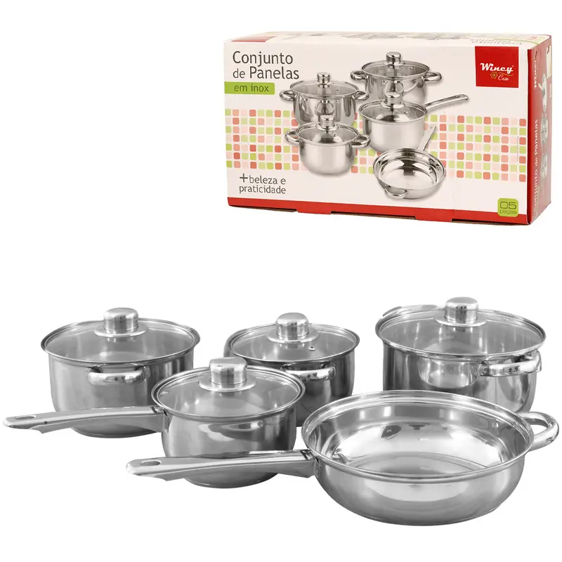 CONJUNTO DE PANELAS DE INOX ANTIADERENTE COM TAMPA DE VIDRO 5 PECAS