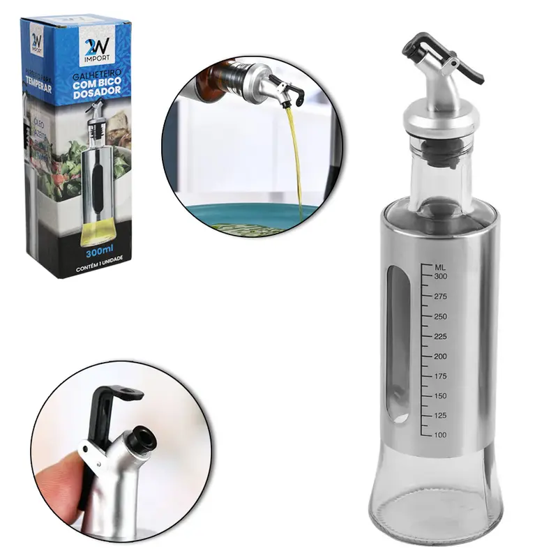 AZEITEIRO / VINAGREIRO DE VIDRO / INOX COM BICO DOSADOR DE PLASTICO 300ML