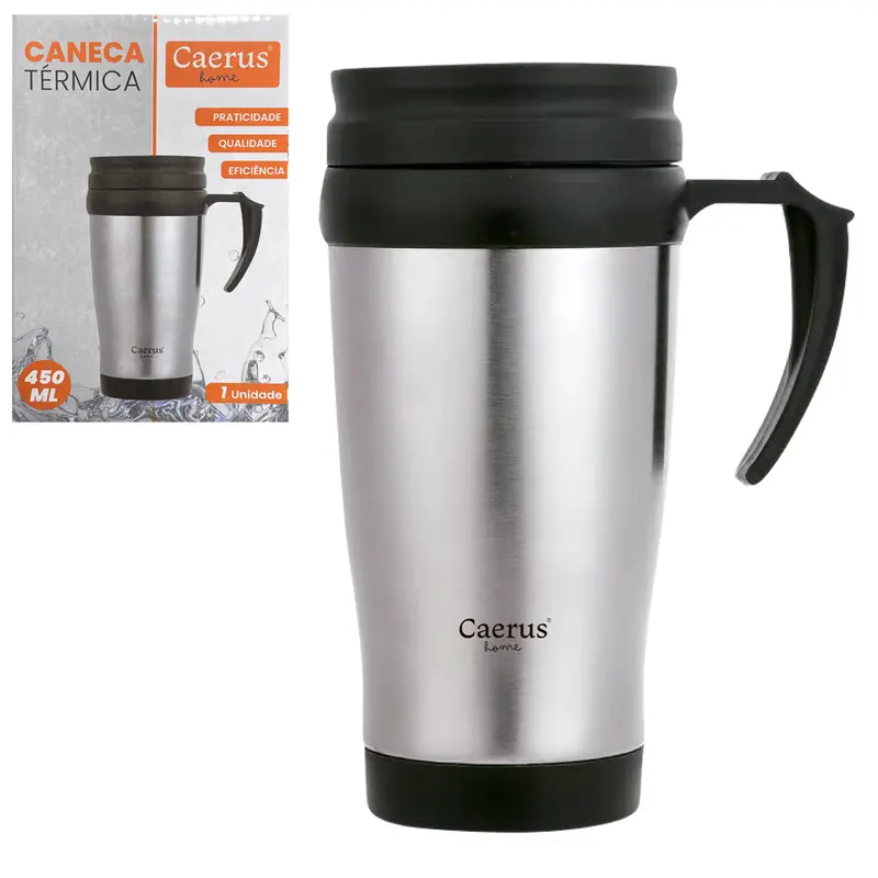 CANECA DE PLASTICO REVESTIDO DE INOX COM TAMPA 450ML