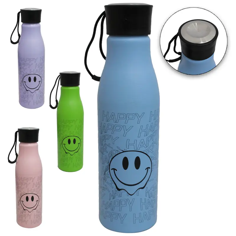 GARRAFA SQUEEZE DE ALUMINIO SMILE HAPPY COM TAMPA E ALCA 600ML