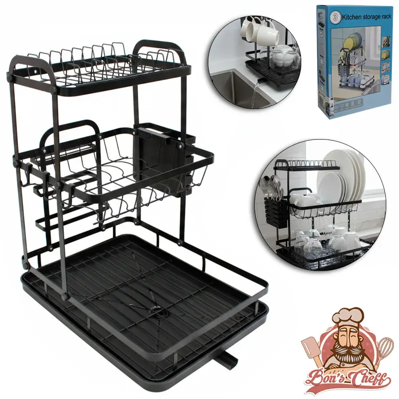 ESCORREDOR SECADOR DE PRATOS 3 ANDARES ARAMADO COM BANDEJA + PORTA TALHER E DRENO BLACK 47,5X40,5X28,5CM BONS CHEFF