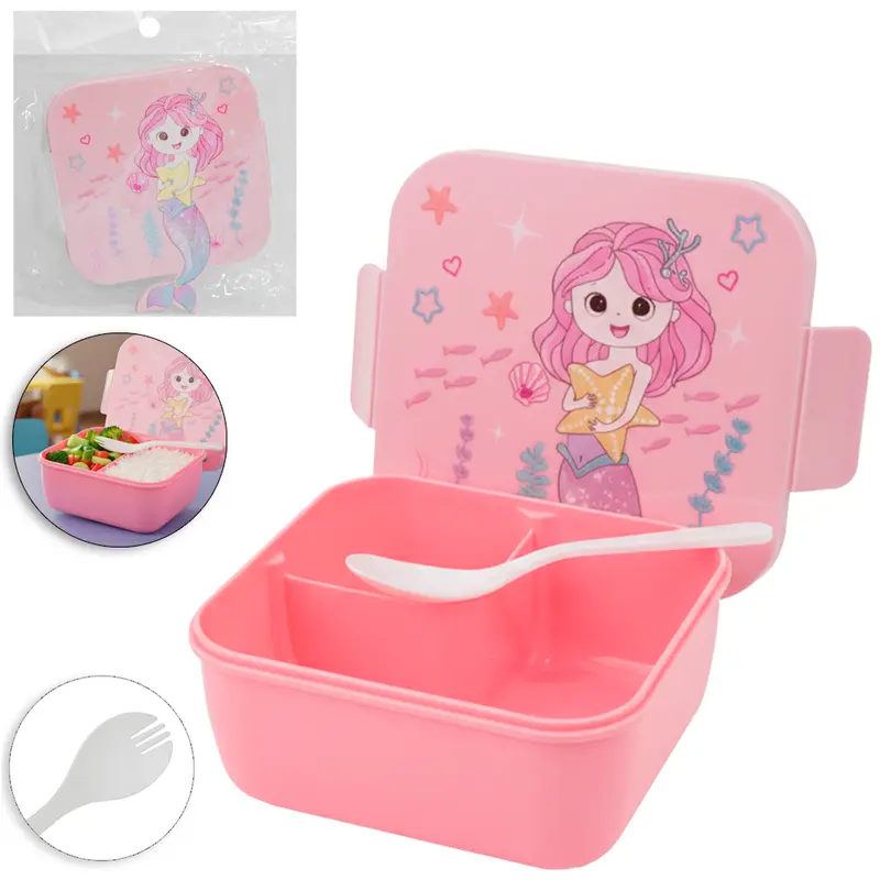 MARMITA DE PLASTICO SEREIA COM 2 DIVISORIAS + COLHER GARFO ROSA 16X14X6CM