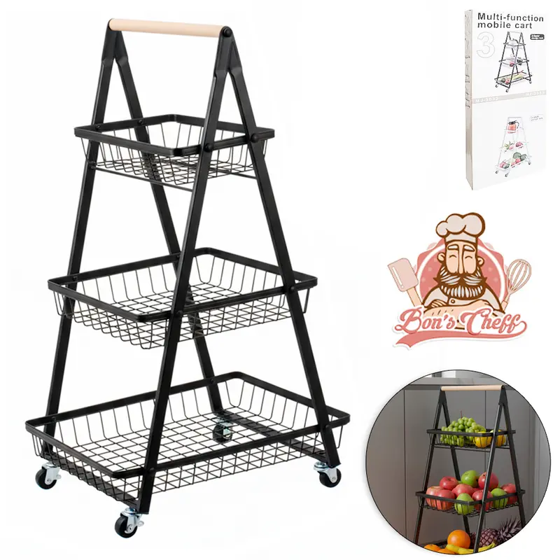 FRUTEIRA DE PISO ARAMADO COM ALCA DE MADEIRA 3 ANDARES COM RODIZIO BLACK 80X49X31CM BONS CHEFF