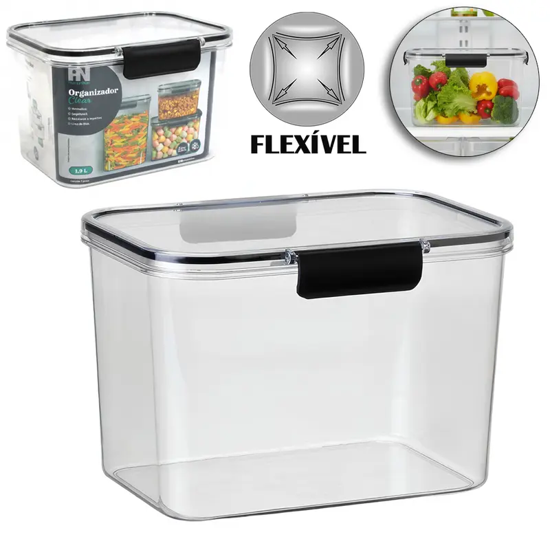 ORGANIZADOR DE PLASTICO PET FLEXIVEL RETANGULAR EMPILHAVEL COM TAMPA HERMETICA CLEAR 1,9L