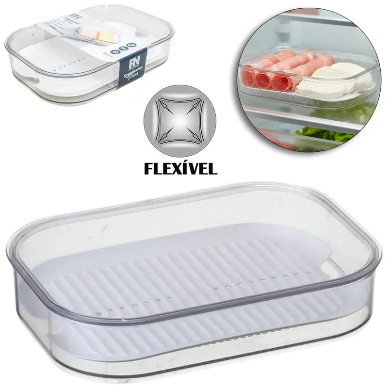 ORGANIZADOR PORTA FRIOS DE PLASTICO PET FLEXIVEL DUPLO RETANGULAR EMPILHAVEL COM TELA + TAMPA 1L 22,5X16X4,5CM
