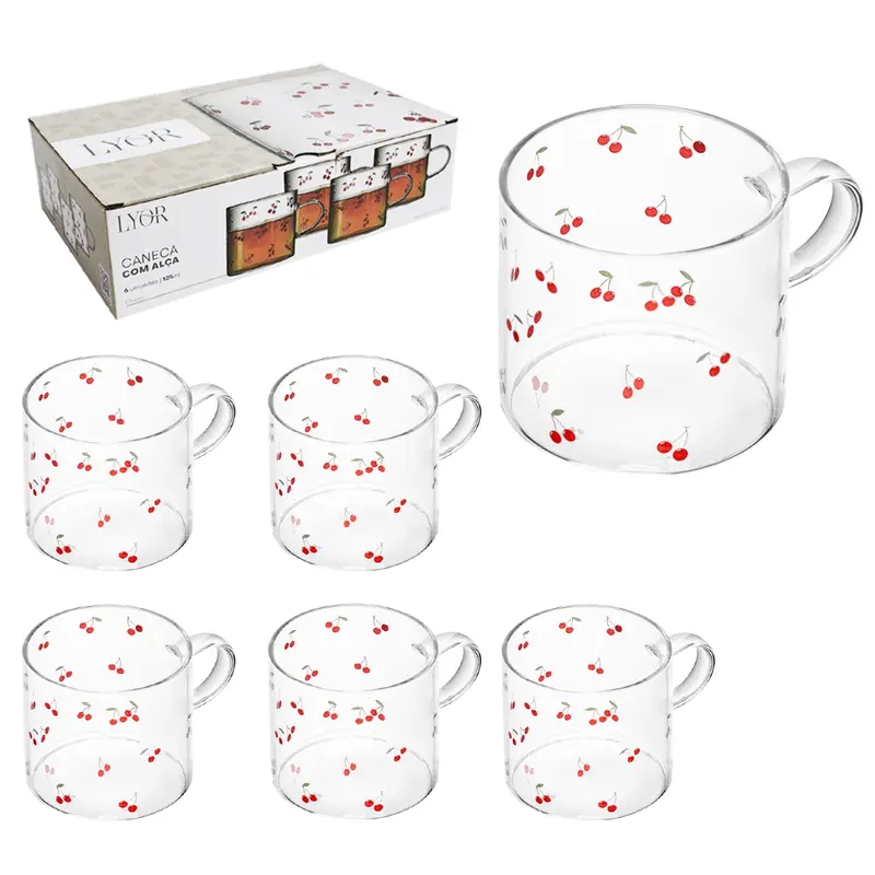 JOGO DE CANECA XICARA DE VIDRO BOROSSILICATO PARA CAFE / CAPPUCCINO CHERRY CEREJA COM 6 PECAS 125ML