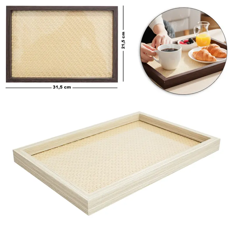 BANDEJA DE MADEIRA MDF COM FUNDO DE VIDRO E RATTAN RETANGULAR DECORATIVA 31,5X21,5X2,5CM