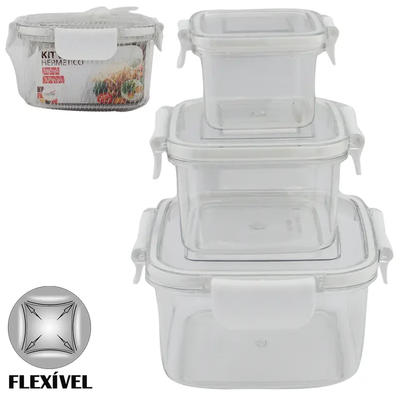 CONJUNTO DE POTE DE PLASTICO PET FLEXIVEL QUADRADO COM TAMPA HERMETICA E TRAVA 3 PECAS 380/160/75ML