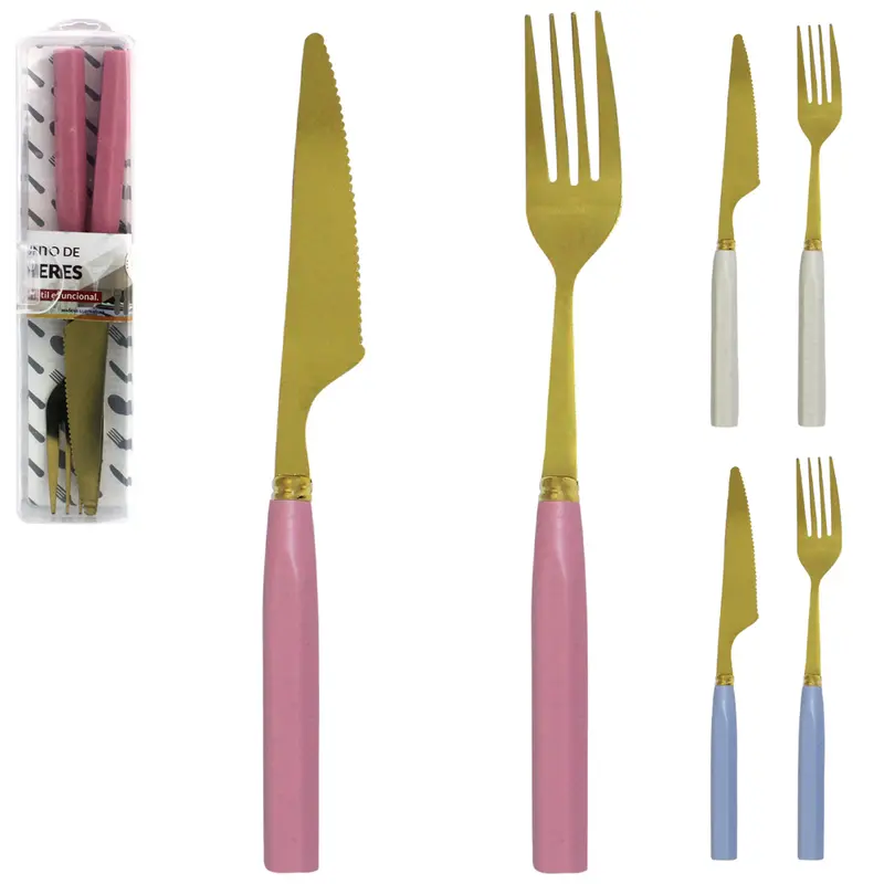 CONJUNTO DE TALHER COM GARFO + FACA DOURADO DE INOX CABO PLASTICO 2 PECAS NO ESTOJO