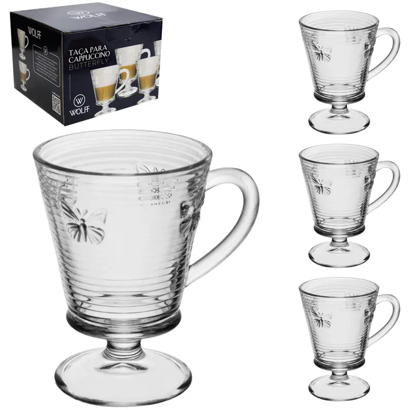 JOGO DE CANECA XICARA DE VIDRO PARA CAFE / CAPPUCCINO BUTTERFLY WOLFF COM 4 PECAS 240ML