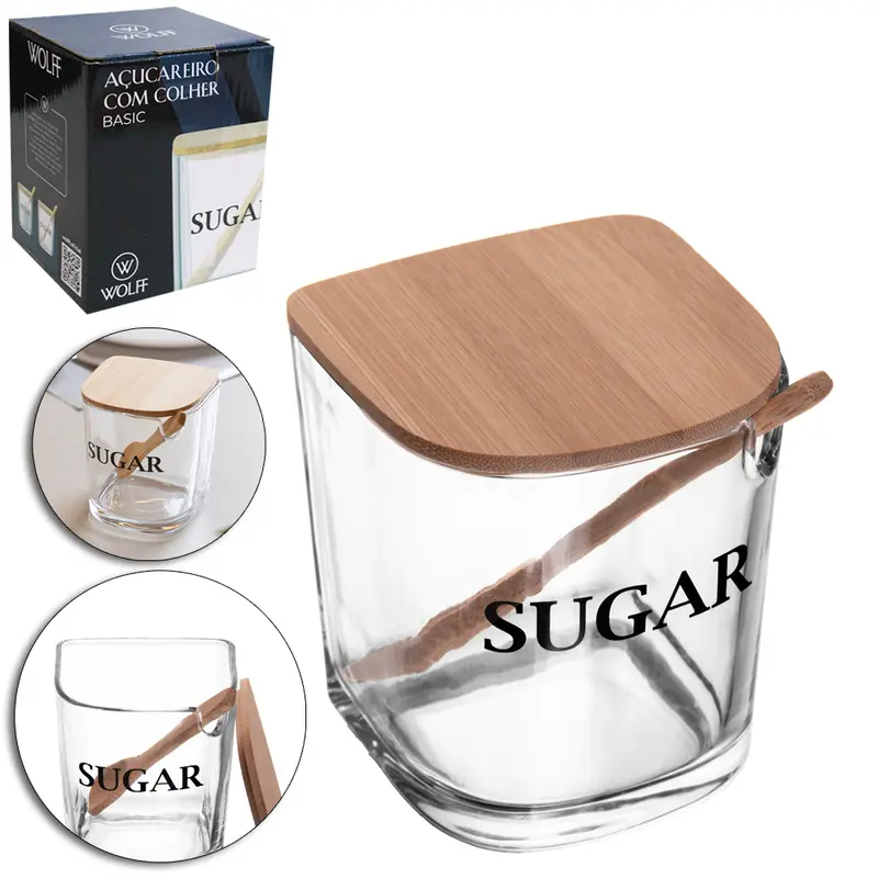 ACUCAREIRO DE VIDRO COM TAMPA + COLHER DE BAMBU SUGAR BASIC WOLFF 350ML