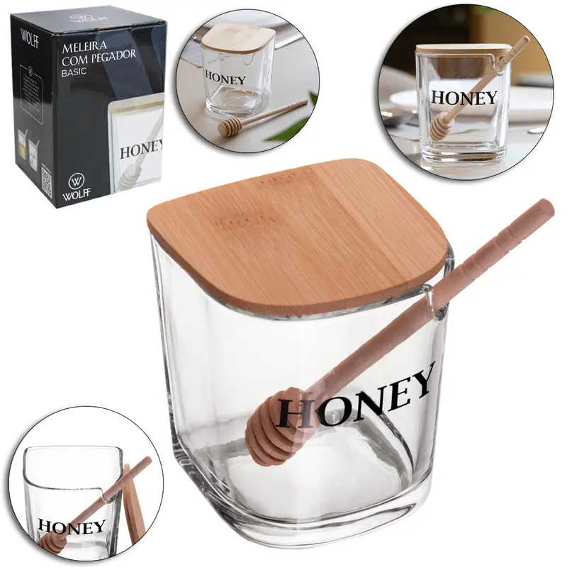 PORTA MEL / MELEIRA DE VIDRO COM TAMPA + PEGADOR DE BAMBU BASIC HONEY WOLFF 350ML