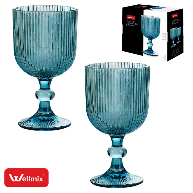 JOGO DE TACA DE VIDRO PARA AGUA / VINHO PREMIUM BLISS COLLECTION AZUL ESCURO COM 2 PECAS 255ML