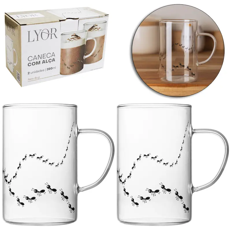JOGO DE CANECA DE VIDRO BOROSSILICATO PARA CAFE / CAPPUCCINO FORMIGUINHA COM 2 PECAS 280ML
