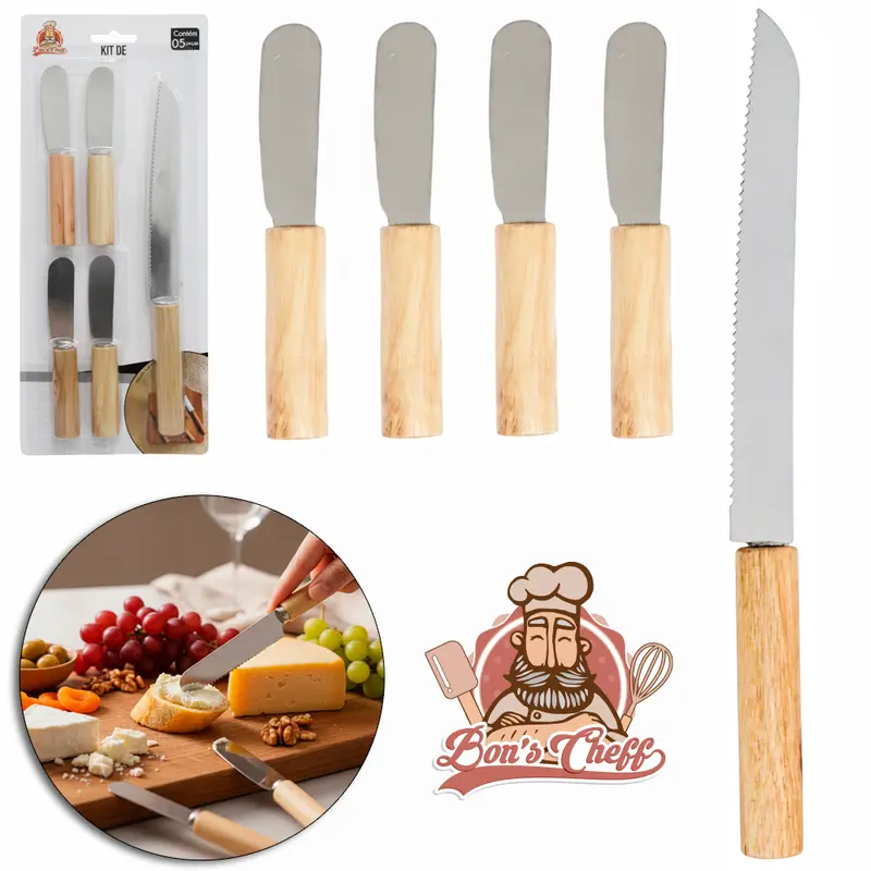 ESPATULA PATE / MANTEIGA 4 PECAS + FACA DE PAO INOX CABO DE MADEIRA BONS CHEFF