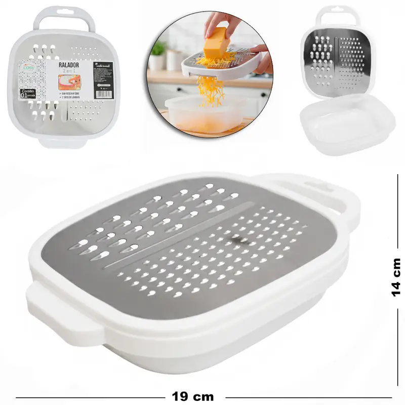 RALADOR DE INOX 1 FACE COM RESERVATORIO DE PLASTICO 19X14X4CM